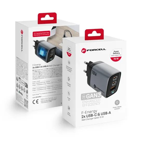 Nabíječka USB-A / 2x USB-C 3,45A GaN 70W PD QC 4.0 - Forcell