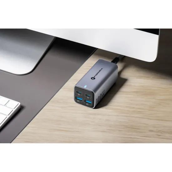 Síťová nabíjecí stanice FORCELL F-ENERGY GaN III VT-51 2 x Type C + 2 x USB A PD QC4.0 SFC2.0 5A 100W šedá