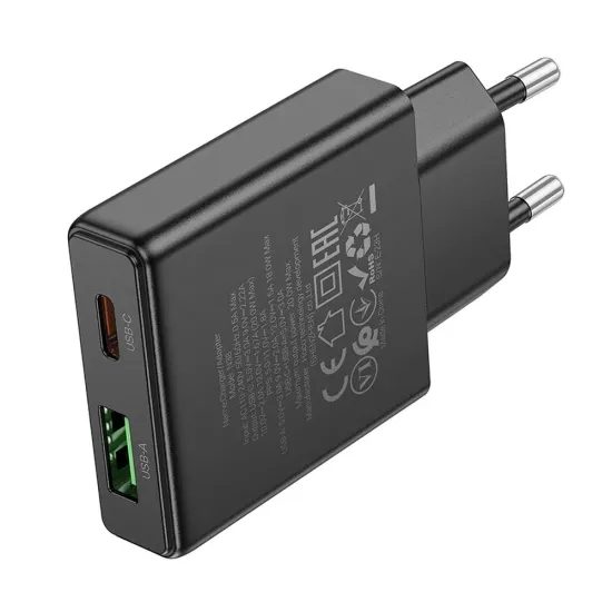 Štíhlá nástěnná nabíječka HOCO USB A + Type C PD QC3.0 3A 20W N38 - černá