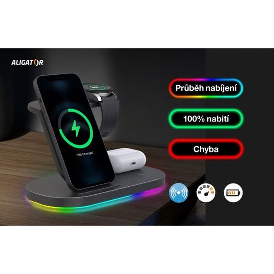 Bezdrátová nabíjecí stanice Aligator Smart Station S 15W, 3v1, černá