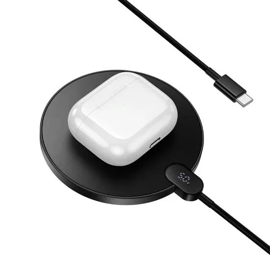 Bezdrátová nabíječka 15W s USB-C kabelem a digitálním displejem, černá - HOCO