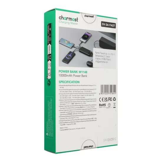 Powerbanka Charmast 10000 mAh se zabudovanými kabely černá
