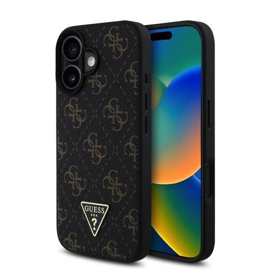 Obal / kryt na Apple iPhone 16 černé - Guess PU Leather 4G Triangle Metal Logo