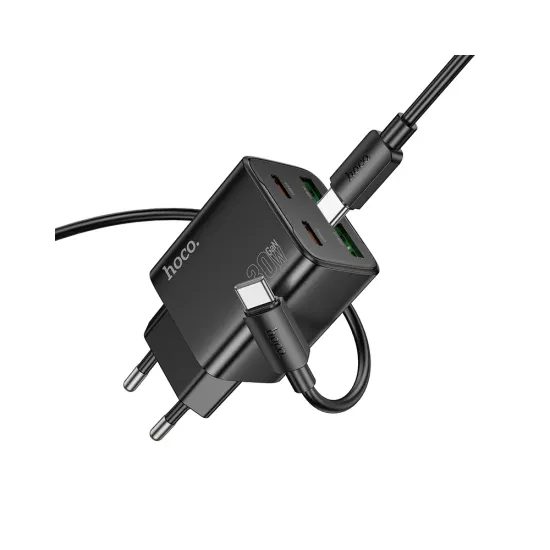 Nabíječka 2x USB-C 2x USB-A 30W s kabelem USB-C/USB-C černá - HOCO