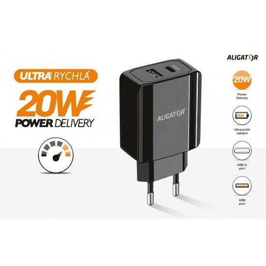 Aligator POWER DELIVERY 20W, USB + USB-C, čierna