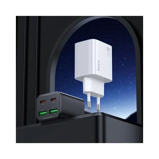Nabíječka 2x USB-C 2x USB-A 30W s kabelem USB-C/USB-C bílá - HOCO