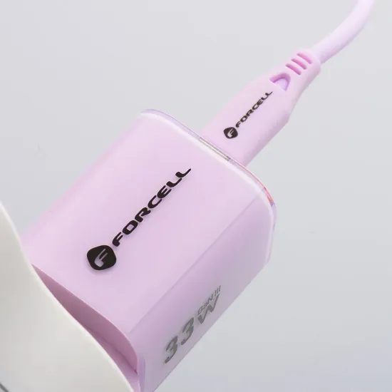 Cestovní nabíječka 33W GaN3 s kabelem, USB C + USB A růžová - FORCELL