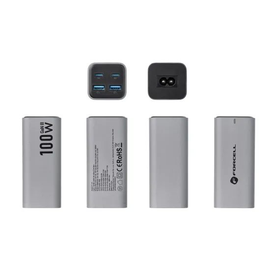 Síťová nabíjecí stanice FORCELL F-ENERGY GaN III VT-51 2 x Type C + 2 x USB A PD QC4.0 SFC2.0 5A 100W šedá