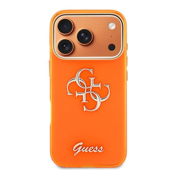 Obal / kryt na Apple iPhone 17 Pro oranžový - Guess IML 4G Script Metal Logo