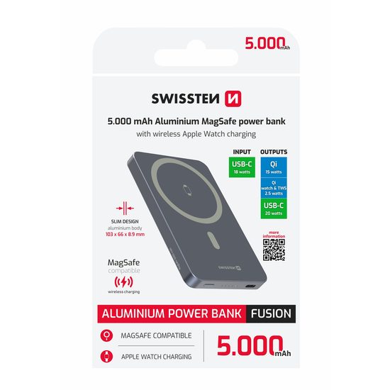 Powerbanka s bezdrátovým nabíjením 5000 mAh (kompatibilní s MagSafe) stříbrná - SWISSTEN POWER BANK FUSION