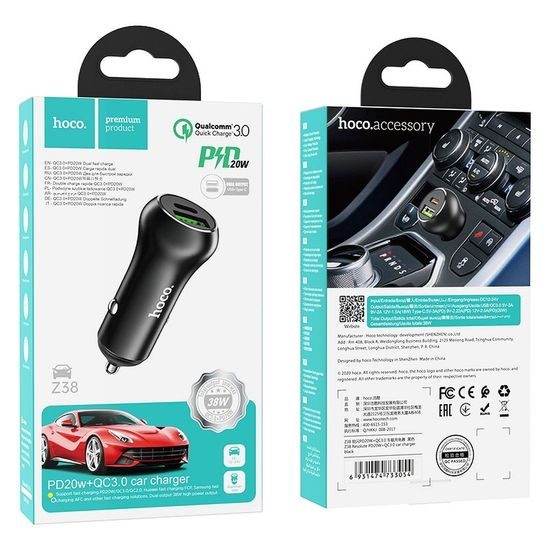 Nabíjačka do auta typ C PD20W + USB QC3.0 Z38 čierna - HOCO