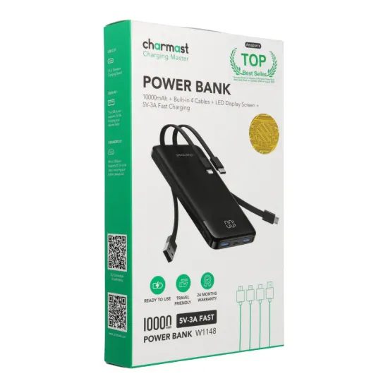 Powerbanka Charmast 10000 mAh se zabudovanými kabely černá