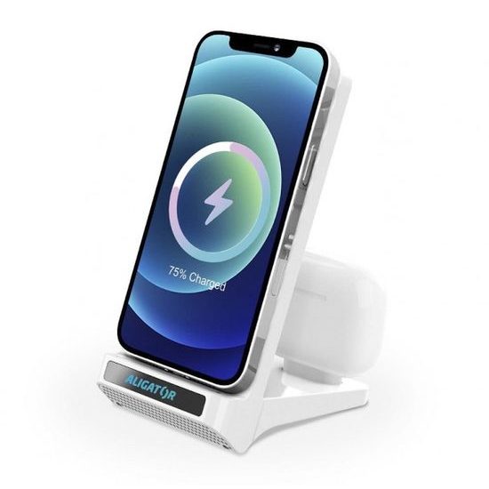 Stojánek s bezdrátovým nabíjením 15W a USB-C konektorem, 2v1, bílý Aligator