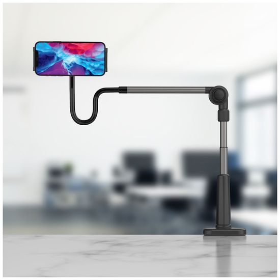 Univerzální držák na tablet/telefon pro upevnění na stůl s otočným a nastavitelným ramenem černý - FIXED Relax
