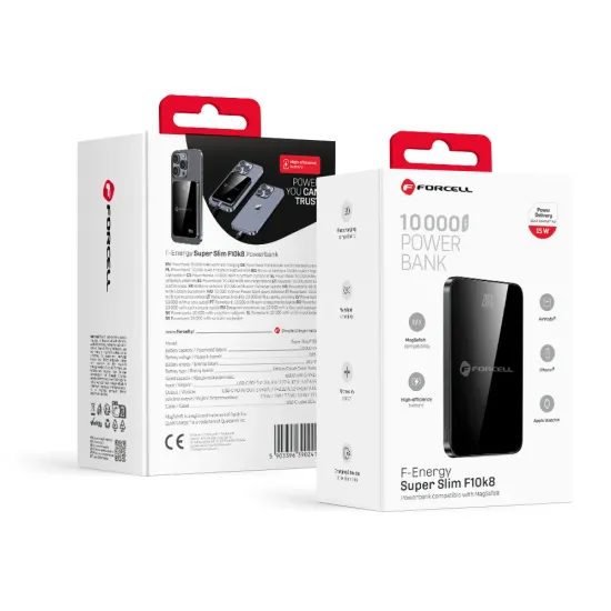 Tenká powerbanka Forcell F-Energy Super Slim F10k8 s MagSafe PD3.0 QC4.0 15W 10000mAh - černá