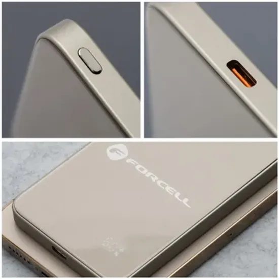 Tenká powerbanka Forcell F-Energy Super Slim F5k8 s MagSafe PD3.0 QC4.0 15W 5000mAh - béžová