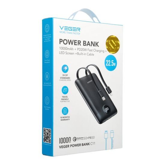 Powerbanka 10 000mAh PD QC3.0 22.5W s USB-C a Apple Lightning kabelem černá - VEGER C11