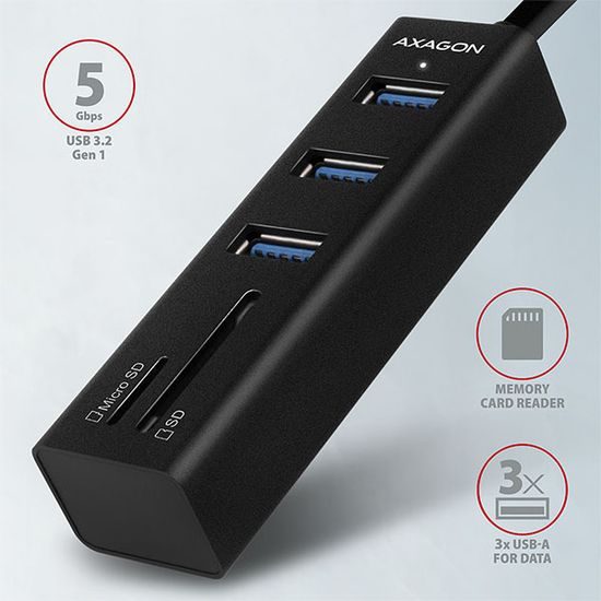 AXAGON HMA-CR3A rozbočovač / redukcia, rozbočovač USB 3.2 Gen 1, 3x porty USB-A + čítačka kariet SD/microSD, kov, kábel USB-A 20
