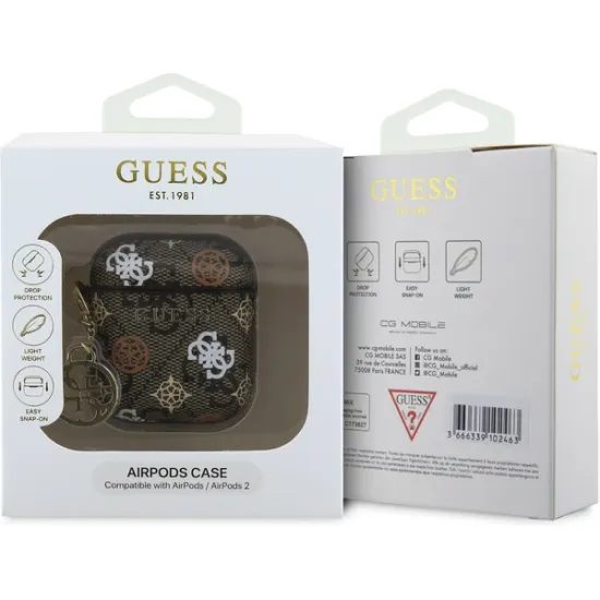 Ochranné Pouzdro pro Apple AirPods 1/2 hnědé - Guess PU 4G Peony Charm