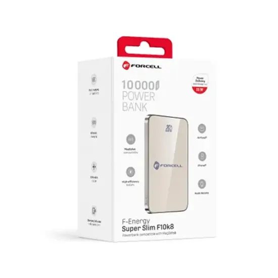 Tenká powerbanka Forcell F-Energy Super Slim F10k8 s MagSafe PD3.0 QC4.0 15W 10000mAh - béžová
