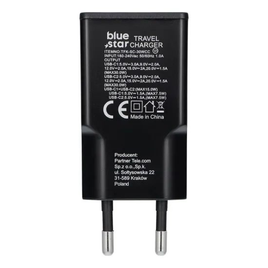 Nabíjecí adaptér úzký 2 x USB C QC4.0 PD 3A 30W černý - Blue Star