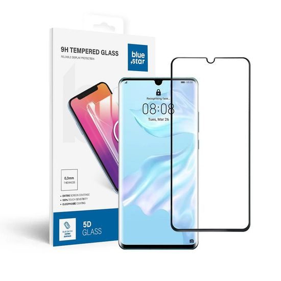 Tvrdené / ochranné sklo Huawei P30 Pro (plné lepidlo/malá veľkosť) - čierne 5D Blue Star