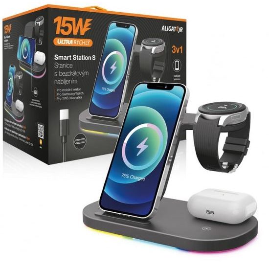Bezdrátová nabíjecí stanice Aligator Smart Station S 15W, 3v1, černá