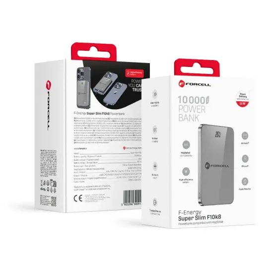 Tenká powerbanka Forcell F-Energy Super Slim F10k8 s MagSafe PD3.0 QC4.0 15W 10000mAh - šedá