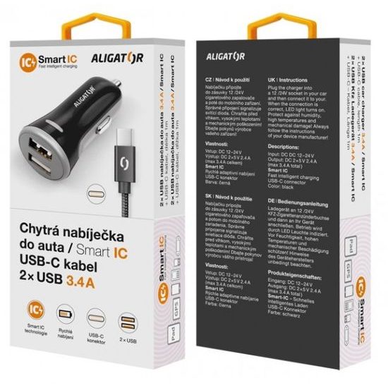 Nabíjačka do auta 3,4A, 2xUSB, smart IC, čierna, USB-C kábel - Aligator