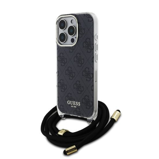 Obal / kryt na Apple iPhone 16 Pro Max černý s popruhem - Guess