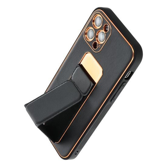 Obal / kryt na Apple iPhone 15 PRO MAX čierne - LEATHER Case Kickstand
