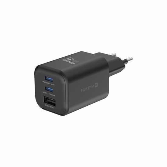 Síťový adaptér GaN 2x USB-C 65W PD + 1x USB-A 30W QC černý - SWISSTEN