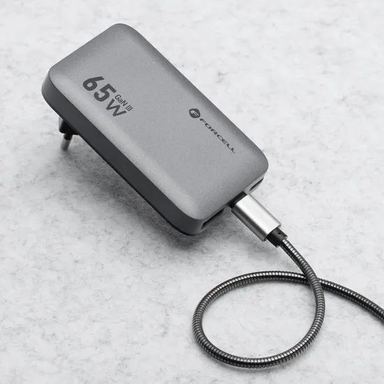 Ultra tenký síťový adaptér GaN III 2 x Type C + USB A, PD QC4.0 4A 65W šedá - FORCELL F-ENERGY