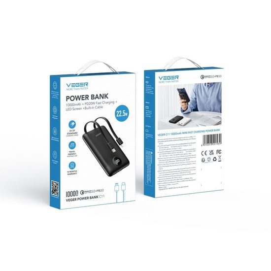 Powerbanka 10 000mAh PD QC3.0 22.5W s USB-C a Apple Lightning kabelem černá - VEGER C11
