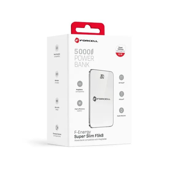 Tenká powerbanka Forcell F-Energy Super Slim F5k8 s MagSafe PD3.0 QC4.0 15W 5000mAh - bílá