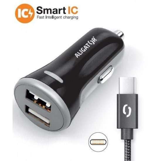 Nabíjačka do auta 3,4A, 2xUSB, smart IC, čierna, USB-C kábel - Aligator
