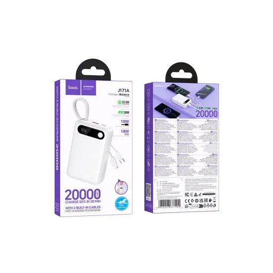 Powerbanka Hoco 20000 mAh Qc Pd 2A 22,5W s vestavěnými kabely USB C + Lightning J171A bílá