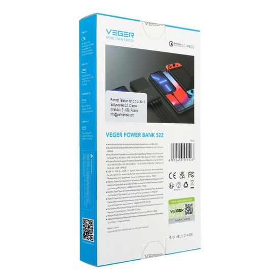 Power banka 20 000 mAh s LCD 20W bílá - Veger