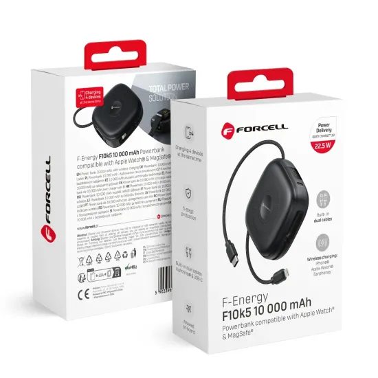 Powerbanka MagSafe PD3.1 QC3.0 3A 22,5W 10000 mAh, vysouvací kabel černá - FORCELL