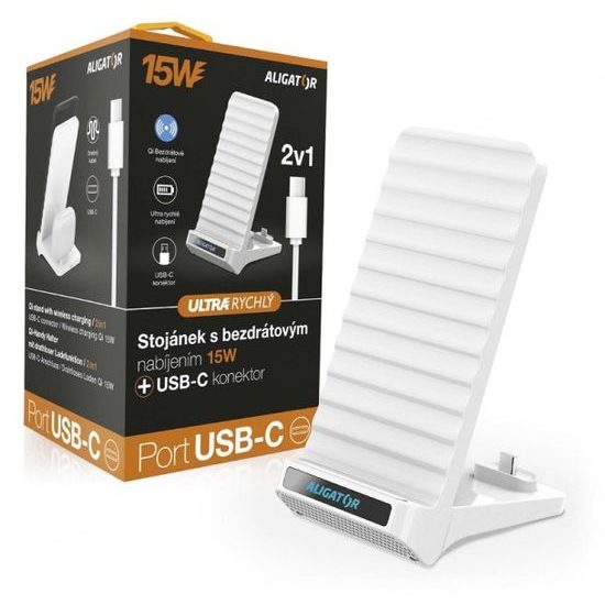 Stojánek s bezdrátovým nabíjením 15W a USB-C konektorem, 2v1, bílý Aligator