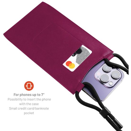 Taštička přes rameno s kapsou FIXED Verona s černou šňůrkou pro mobilní telefony do 7", vínová