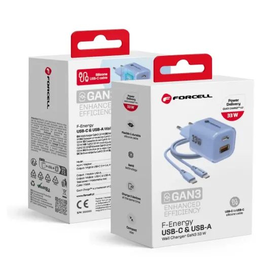 Cestovní nabíječka 33W GaN3 s kabelem, USB C + USB A modrá - FORCELL