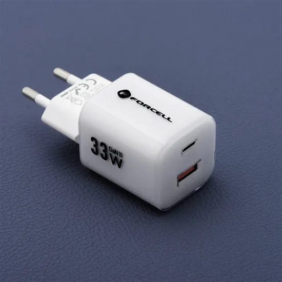 Cestovní nabíječka 33W GaN3 s kabelem, USB C + USB A bílá - FORCELL