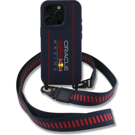 Obal / kryt na Apple iPhone 16 Pro modrý - Red Bull Silicone Vertical Logo MagSafe + Crossbody Popruh