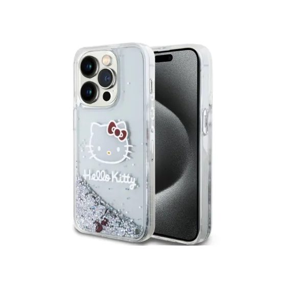 Obal / kryt na Apple iPhone 13 Pro transparentní - Hello Kitty Liquid Glitter Electroplating Head Logo