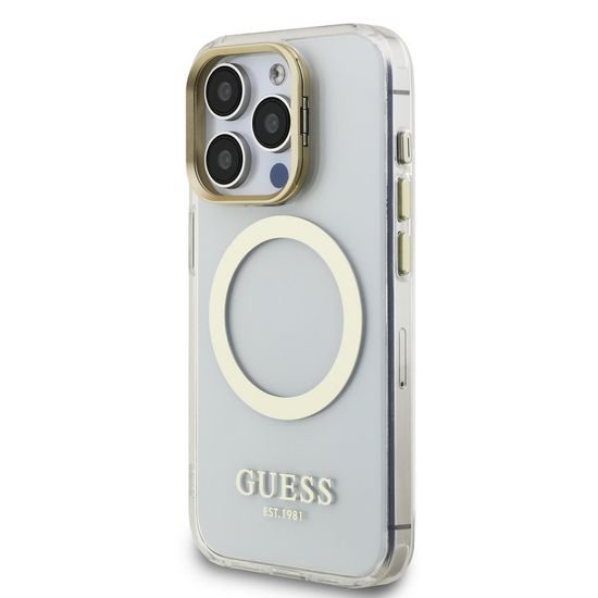 Obal / kryt na Apple iPhone 15 Pro Max s MagSafe a stojánkem, průhledný - Guess IML Gold Outline Stand Camera Frame MagSafe