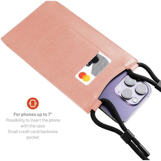 Taštička přes rameno s kapsou FIXED Verona s černou šňůrkou pro mobilní telefony do 7", broskvová