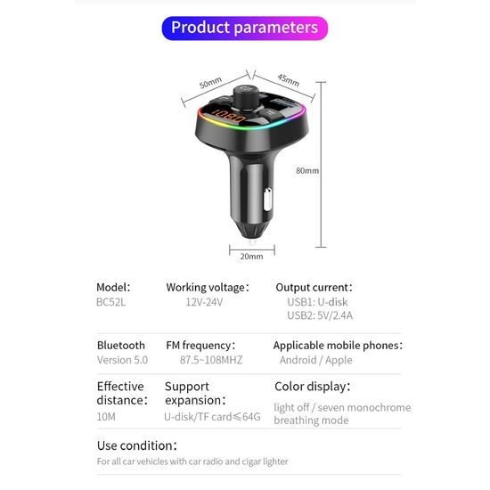 Transmiter FM MP3 bluetooth 5.0 + čtečka karet TF + 2xUSB QC3.0 BC52L