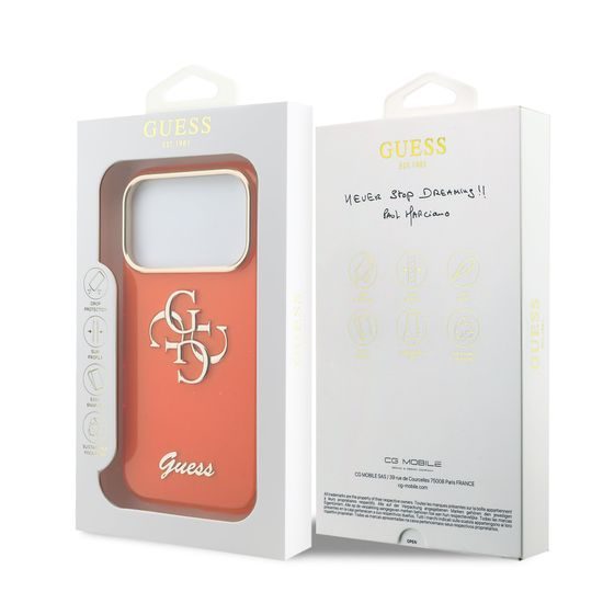 Obal / kryt na Apple iPhone 17 Pro oranžový - Guess IML 4G Script Metal Logo