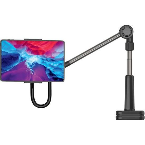 Univerzální držák na tablet/telefon pro upevnění na stůl s otočným a nastavitelným ramenem černý - FIXED Relax